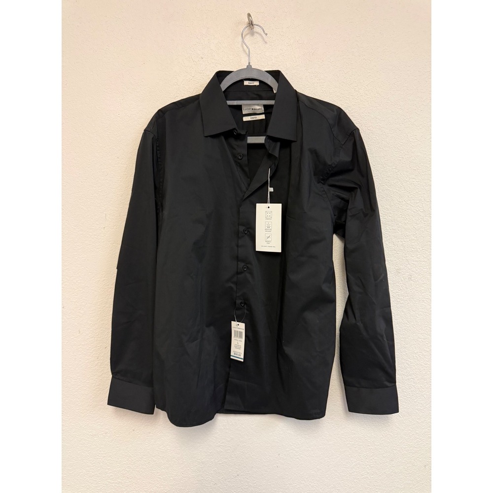 Lucky Brand Men's Large Black Slim Fit Stretch Long Sleeve Dress Shirt NWT